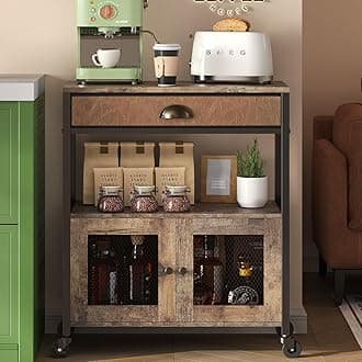 Coffee Bar Cabinet，3 Tiers Kitchen Coffee Cart with Drawer for The Home, Movable Farmhouse Ktichen Station Table on Wheels for Living Room, Entryway, Dining Room, Kitchen