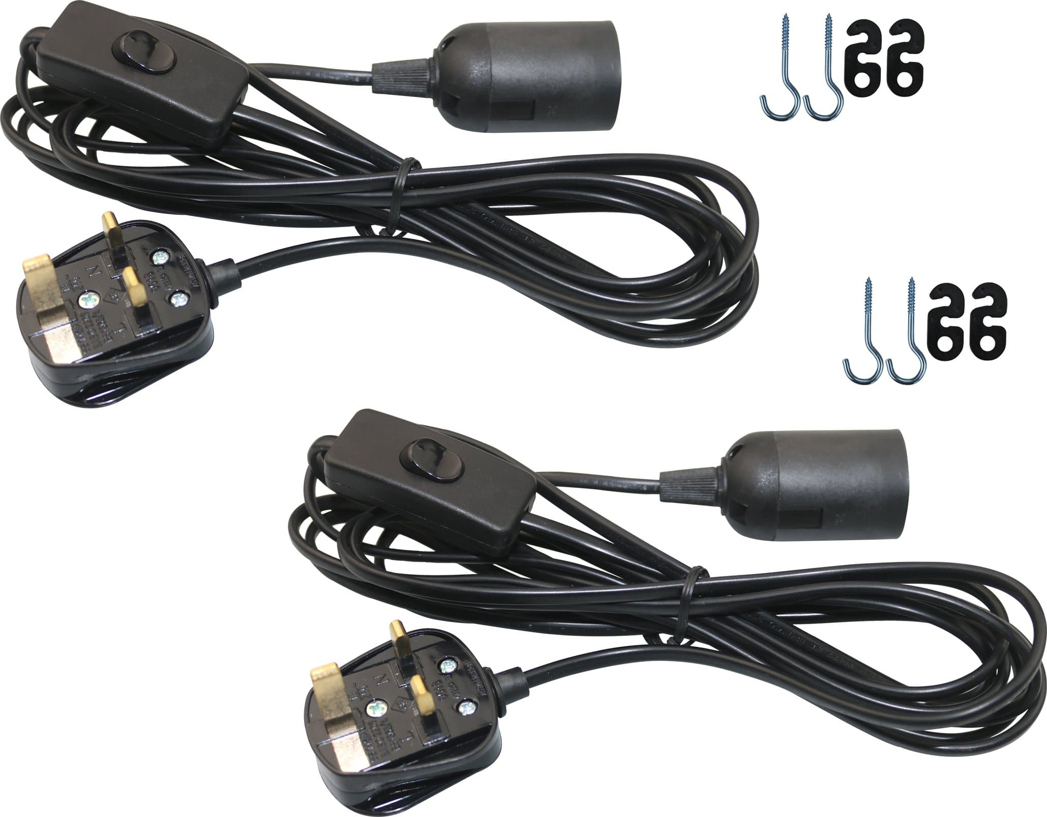 Lightingsky 12 Feet Black Hanging Light Cord with E27 Socket to 3-Prong UK AC Power Cord with On/Off Switch (2 Pack)