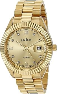 Peugeot 14K Gold Plated Diamond Luxury Dress Watch with Fluted Bezel and Calendar