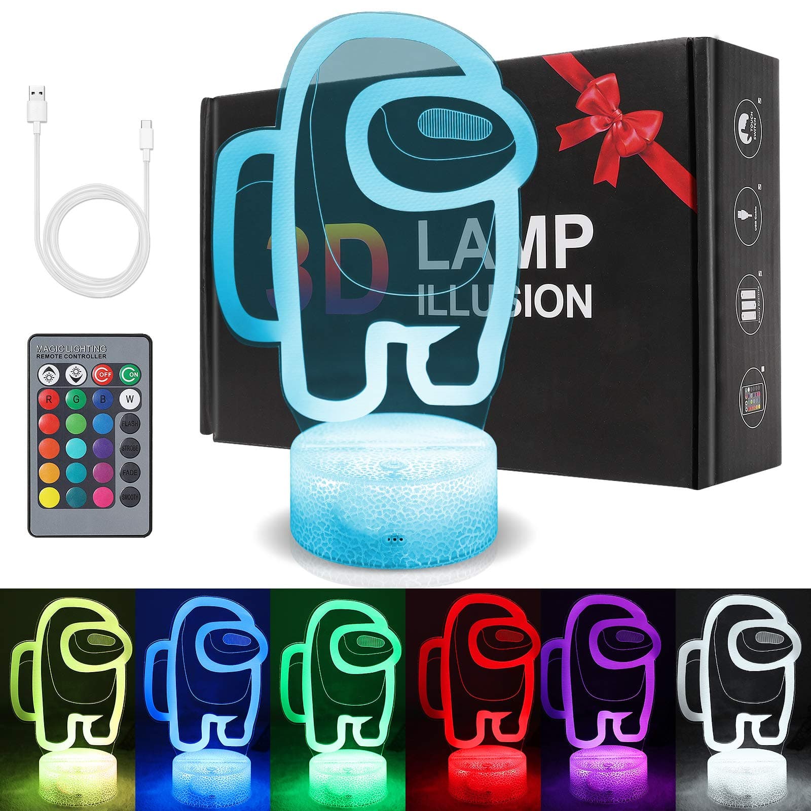 LYOU 3D Night Light, LED Light Lamp 7 Changeable Colors with Remote Control USB Charge Touch Switch Festival Gifts for Bedroom Party Home Decor