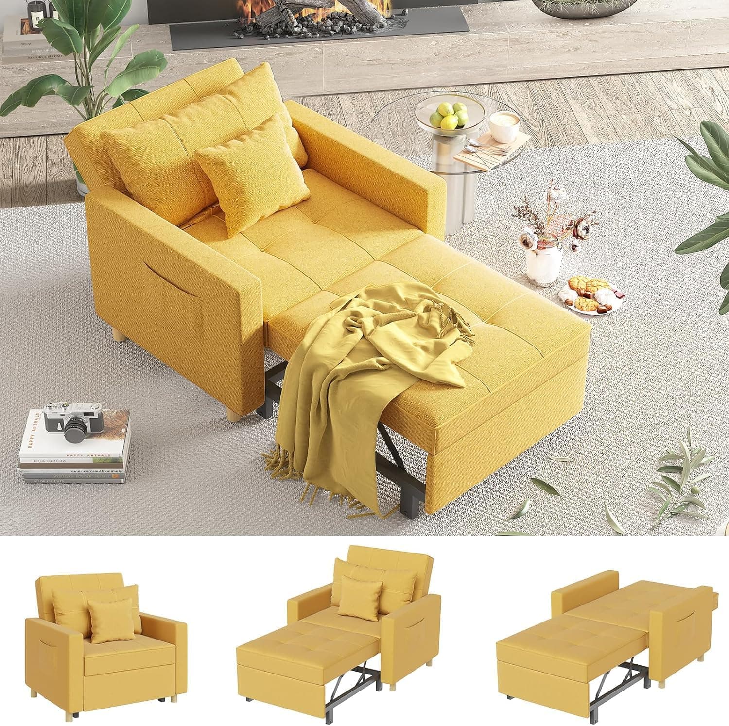 3-in-1 Sofa Bed, Single Sleeper with Adjustable Backrest, Convertible Lounger, Adult Bed, Yellow