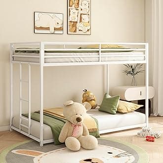 Bellemave Twin Over Twin bunk Bed，Metal Floor Bunk Bed, Bunk Bed for Kids, Adults, Bunk Bed for Boys, Girls, Adult bunk beds Heavy Duty, Twin Over Twin, White, FST00121-T-AK1