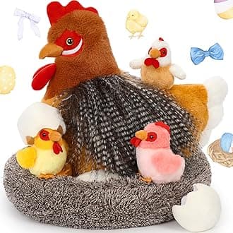 8Pcs Easter Chicken Stuffed Animal, Stuffed Hen with Little Baby Chicks and Coop, Rooster Plush Gifts Toys for Kids, Hit of Christmas Farm Party