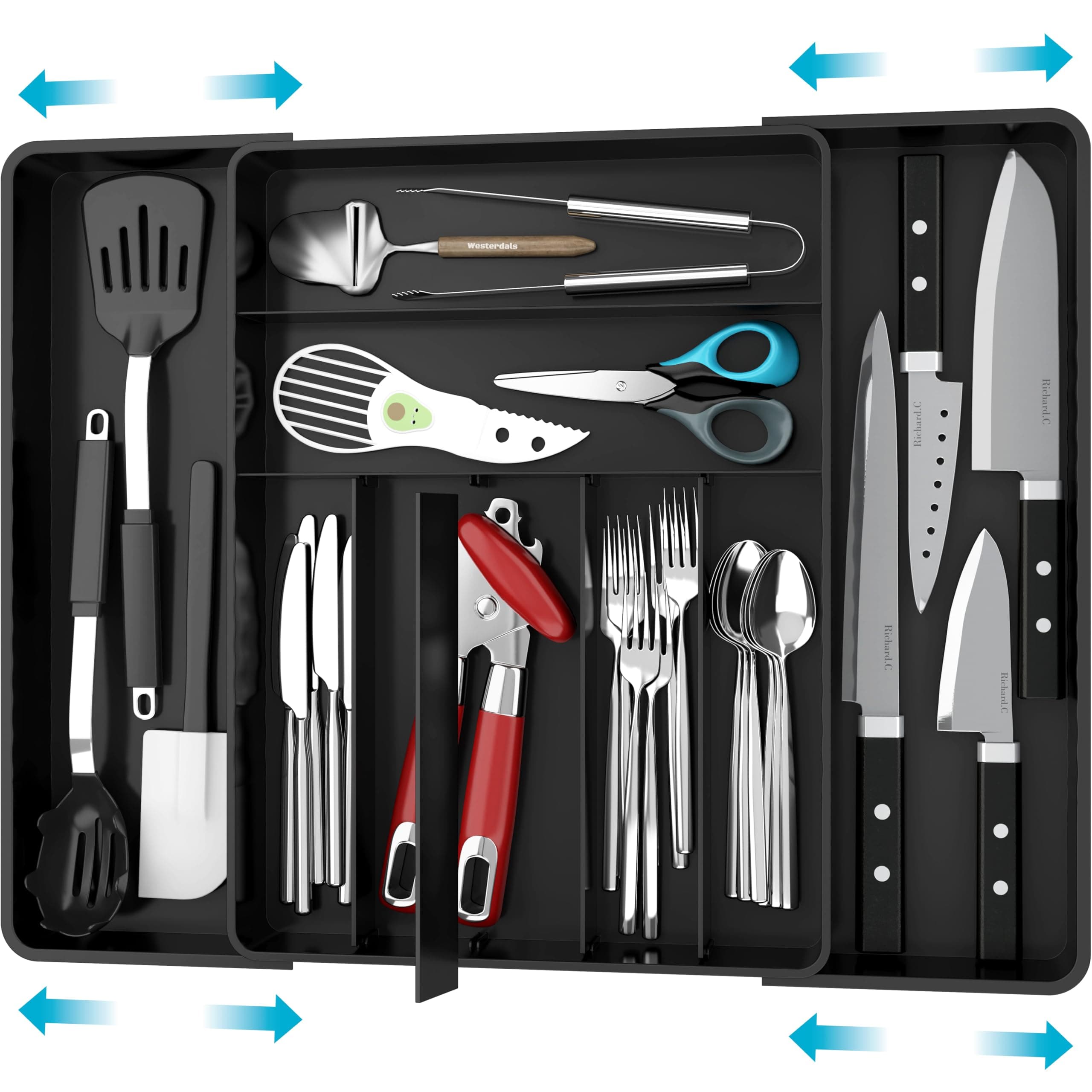 Expandable Kitchen Drawer Flatware Organizer, Black – Adjustable Cutlery Tray with 9 Compartments for Utensils and Silverware