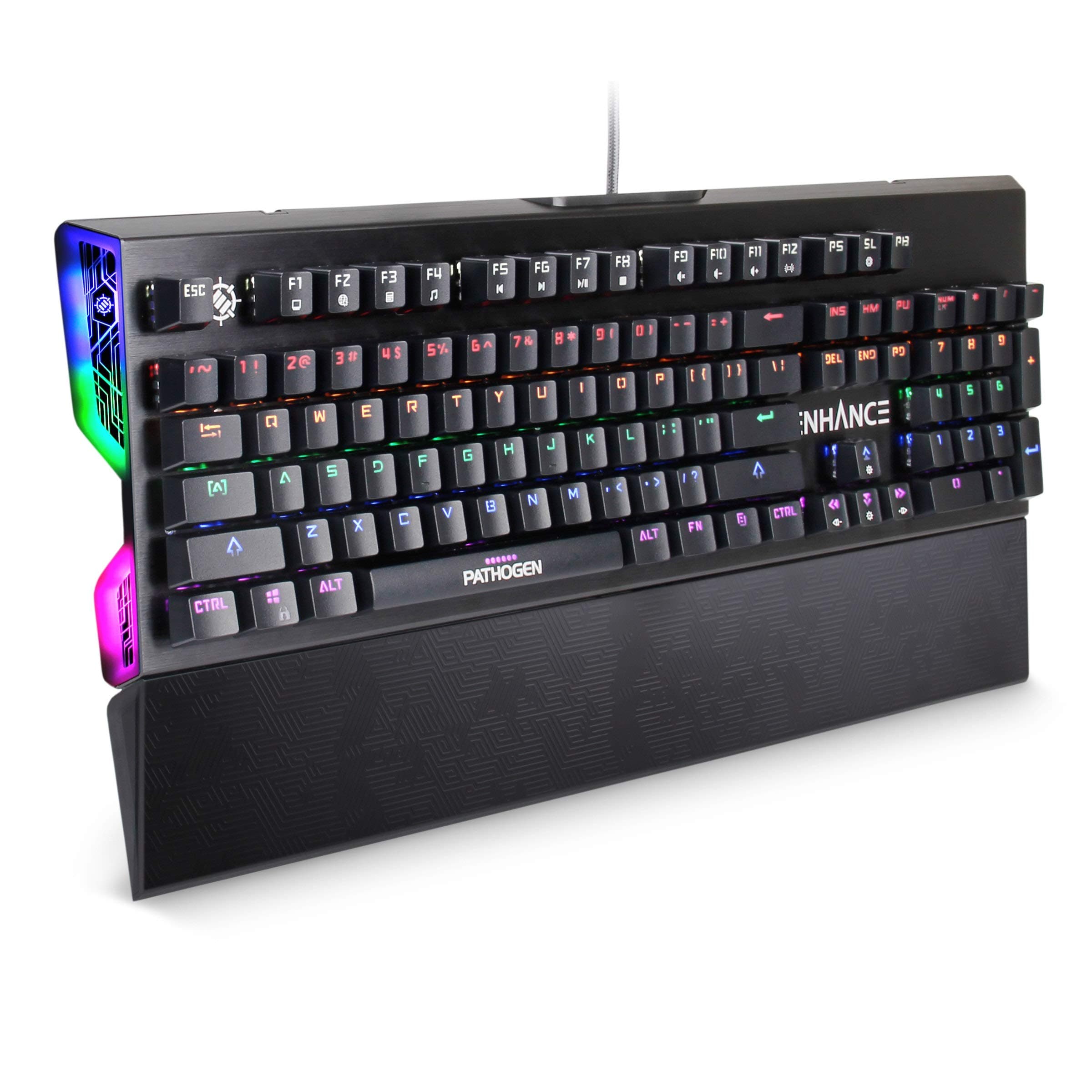 ENHANCE Pathogen Gaming Keyboard - Blue Switch Mechanical Keyboard with Fast 0.2ms Polling, Water & Dust Resistant, NKRO & Anti-Ghosting, Removable Wrist Rest, Ergonomic Keyboard Rainbow LED 9 Effects