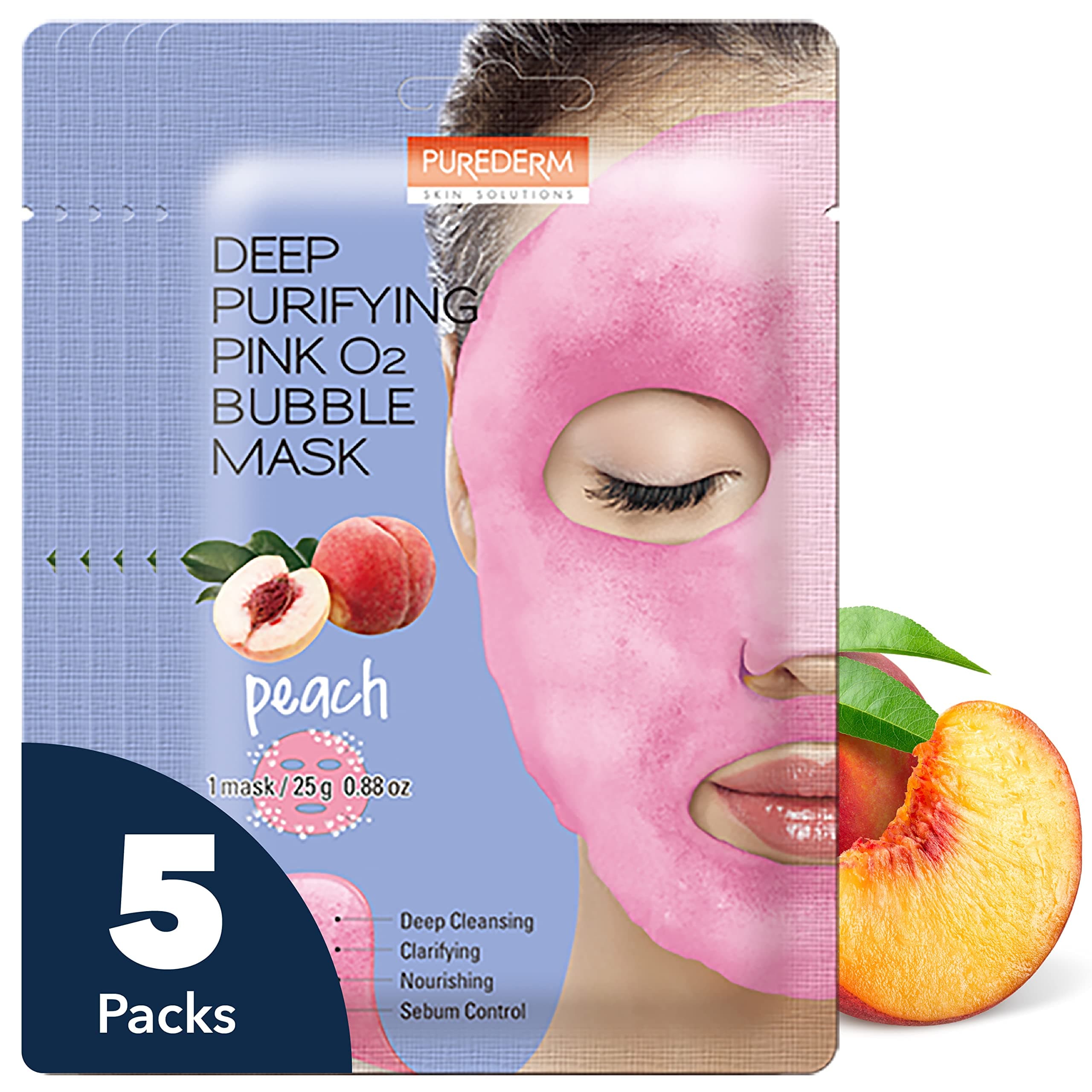 Purederm Deep Purifying Pink O2 Bubble Mask Peach (5 Pack) – Bubble Face Sheet Mask for Purifying & Moisturizing