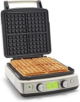 GreenPan Elite 4-Square Belgian & Classic Waffle Iron, Healthy Ceramic Nonstick Aluminum Dishwasher Safe Plates, Adjustable Shade/Crunch Control, Wont Overflow, Easy Cleanup Breakfast, PFAS-Free,White