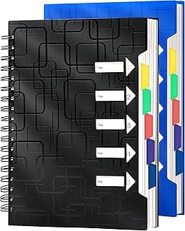 CAGIE 2 Pack Spiral Notebooks College Ruled Total 480 Pages 5 Subject Notebook with Tabs Dividers A4 Notebooks for Work Organization Note Taking School, Black& Blue, 8.5x11