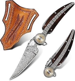 Handmade Damascus Steel Folding Pocket Knife，Feather shape 3.4in Blade Men's Pocket Knife，With knife sheath，Ebony Handle，Home & Outdoor EDC knife