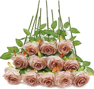 Brown Fake Roses Artificial Flowers - 10 Pcs Fake Artificial Roses Silk Flowers with Stems for Home Wedding Hotel Office Centerpiece Decor（Gradient Brown）