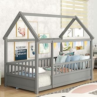 Bellemave Montessori Bed Twin Size, Twin Floor Beds with High Fence, House Floor Bed for Kids, Girls, Boys