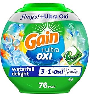 Gain Flings Ultra Oxi Laundry Detergent Pacs, 76 Count, Waterfall Delight Scent, 3-in-1, HE Compatible
