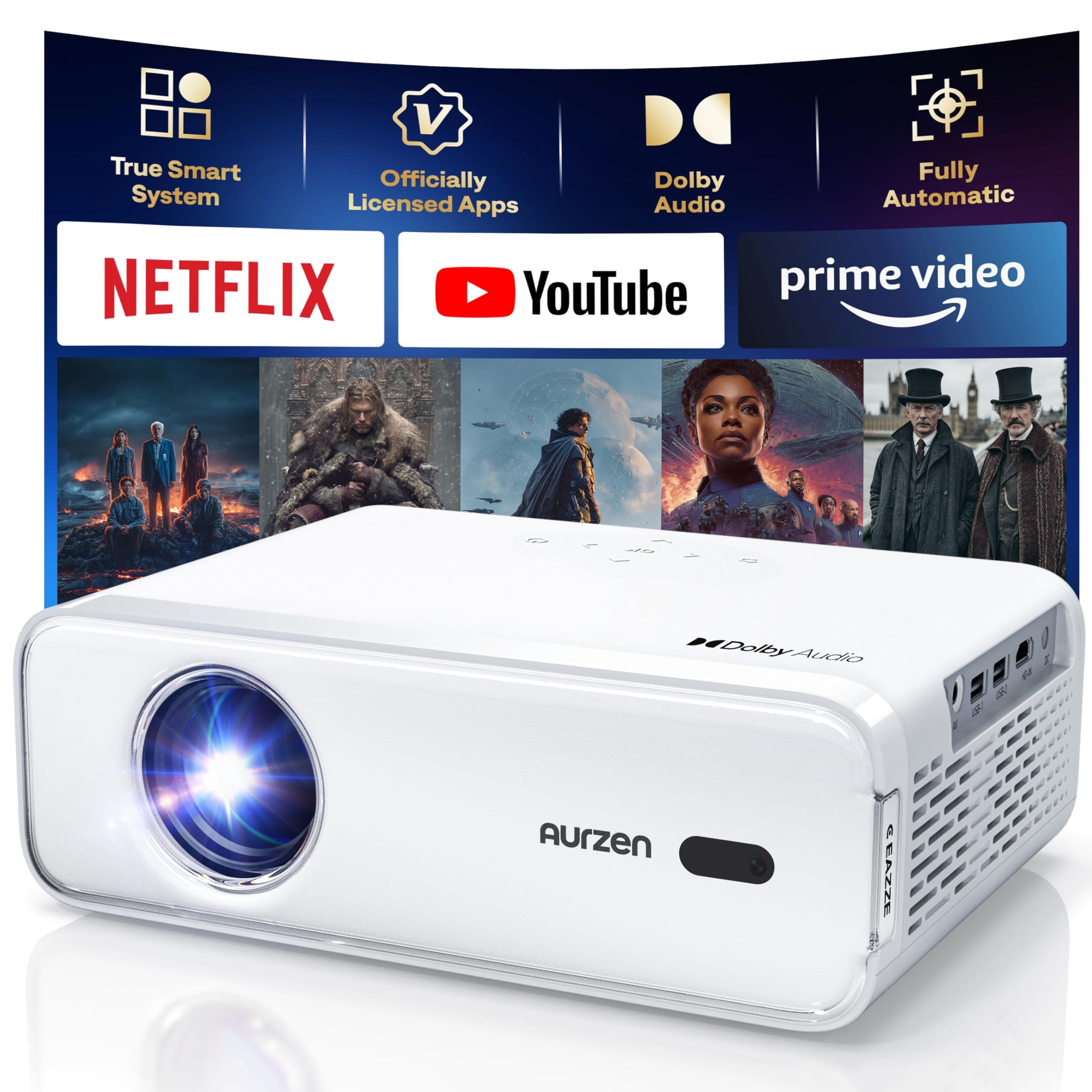 Aurzen EAZZE D1 Smart Projector with WiFi and Bluetooth, Officially-Licensed APP, Auto Focus/Keystone, DoIby Audio 16W Speakers, Native 1080P, HDR10, 4K Support, Portable Mini Outdoor Movie Projector