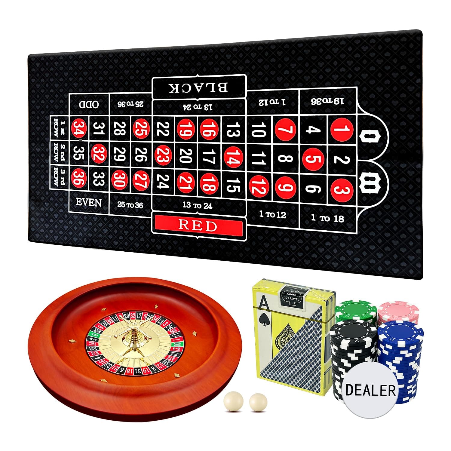 11 Inch Solid Roulette Wheel Set with 47.2x22.8 Inch Double-Sided Table Layout Felt Mat, 100 ABS Chips, and Dealer Button for Casino Roulette Games