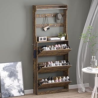 Shoe Cabinet with 3 Flip Drawers & Coat Rack, Narrow Hidden Shoe Storage Cabinet, 2-in-1 Hall Tree Slim Freestanding Shoe Rack Organizer for Entryway, Hallway, and Living Room