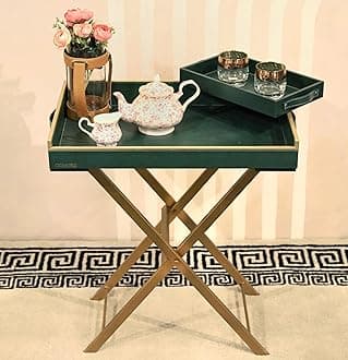 Foldable Leather Table with Metal Stand + Serving, Removable Rectangle Leather Tray Top with Handles, Ideal for Serving and Entertaining (Bottle Green)