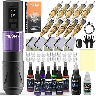 YILONG Tattoo Gun Kit - Tattoo Machine with 1500 mAh Capacity Power Supply, Tattoo Pen Kits for Beginners, Tattoo Supplies 10Pcs Cartridge Needles, 5Pcs Transfer Papers and 3mm Practice Skin