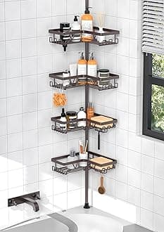 KEGII 4-Tier Corner Shower Caddy Tension Pole - Waterproof Shower Rod Organizer, Floor to Ceiling Tension Rod 25-114.2 inch, Stainless Steel Corner Shower Shelf, Bronze