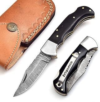 FM807 Pocket knife, Folding Clip Damascus Handmade Custom for Men Cool Good Camping Hunting Fishing & s Activities EDC Knives Leather Sheath Knife., Blue (Black)