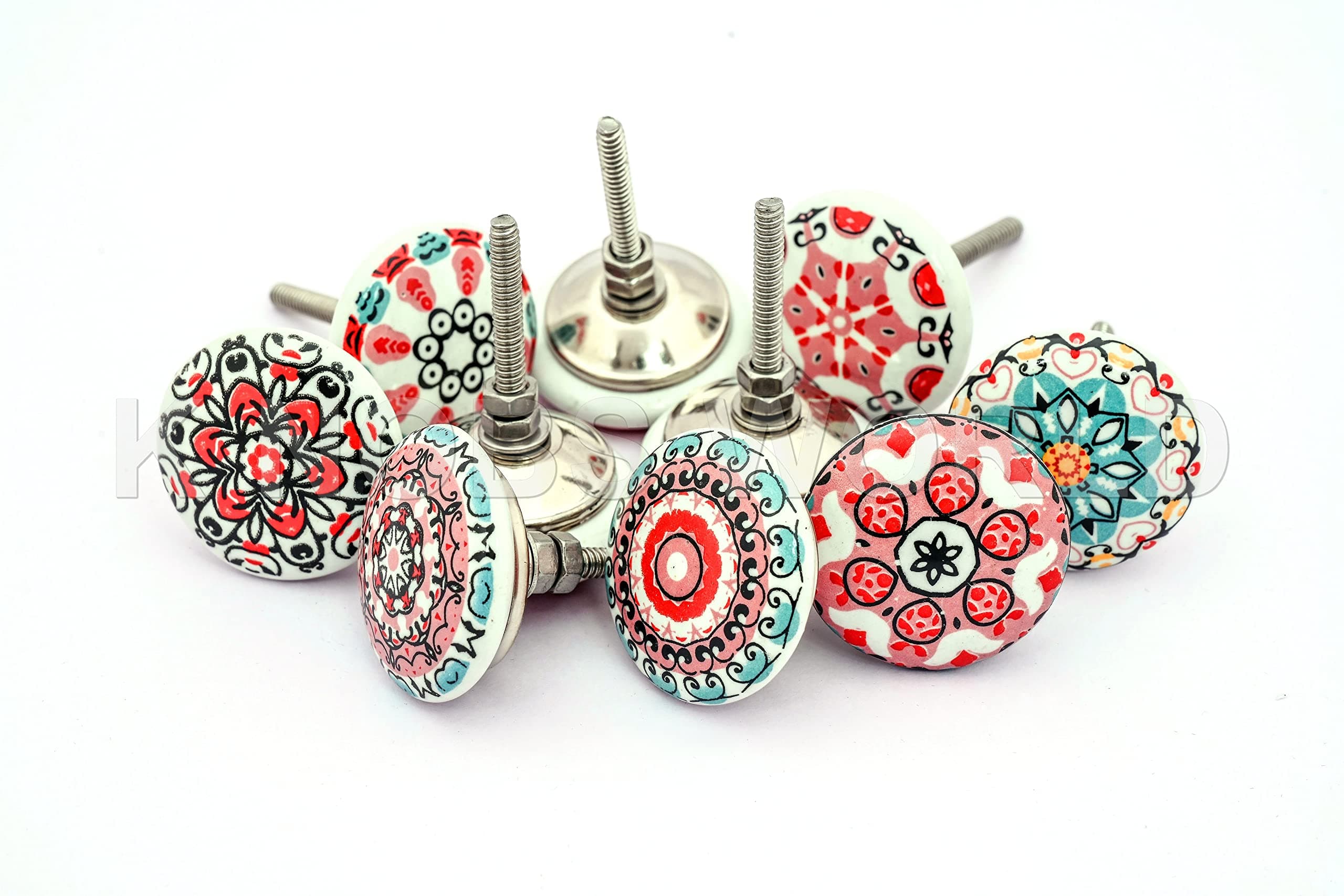 10 x Mix Vintage Look Flower Ceramic Knobs Door Handle Cabinet Drawer Cupboard Pull Mandala Design (Pink)