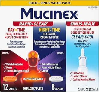 Mucinex Rapid+Clear Maximum Strength Day & Night Cold and Flu Medicine for Adults (20 caplets) + Sinus Pressure Relief Nasal Spray (0.75 oz), Over-The-Counter Medication Combo Pack for Symptom Relief