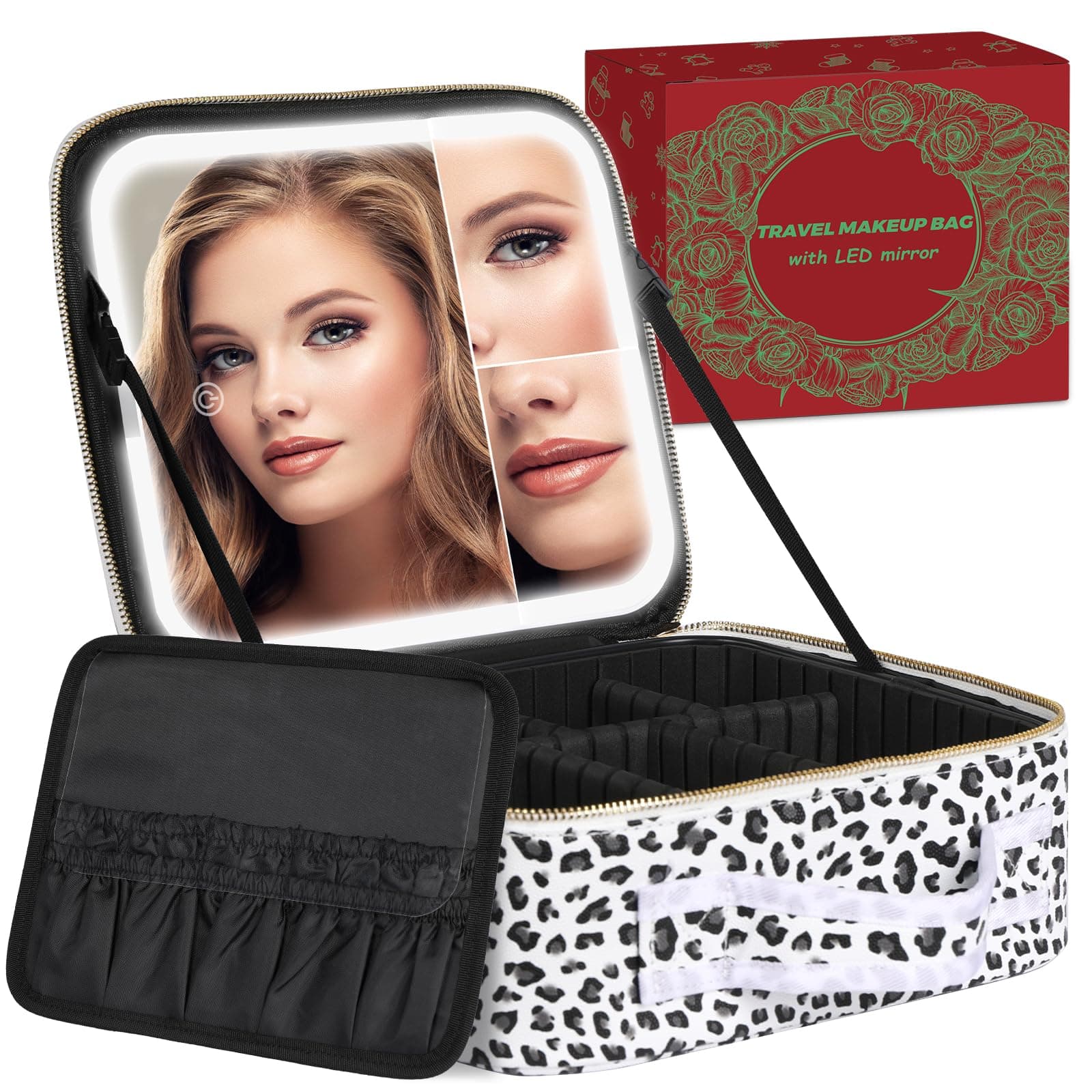 Makeup Bag with LED Lighted Mirror| Portable Makeup Organizer Train Case with 2X/3X Magnification & 3 Color Lights for Precision, Adjustable Brightness| Elegant Gift Packaging, Gift for Women, Leopard