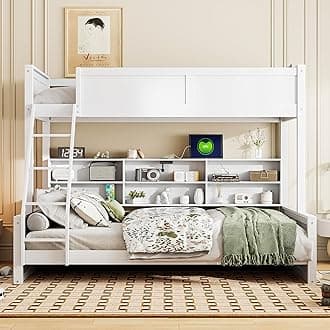 Wood Bunk Bed Twin XL Over Queen Size with Built-in Storage Cabinets and USB Ports, Versatile Bunk Bed Frame with Ladder and Guardrail for Kids Teens Adult, Maximize Space (White-T-Q)
