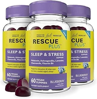 RESCUE Bach Plus Sleep & Stress Support Gummies, Nighttime Dietary Supplement with 1mg Melatonin, Ashwagandha, Chamomile, Lavender & Vitamin B6, Natural Blueberry Flavor, Vegan & Gluten-Free, 3 Pack,