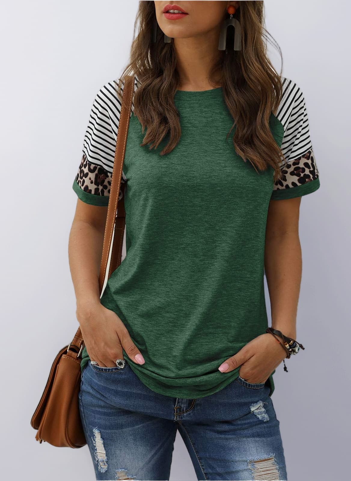 Adibosy Women Leopard Print Shirts Basic Tunics Round Neck Comfy Tops Long Sleeve Fashion Blouse