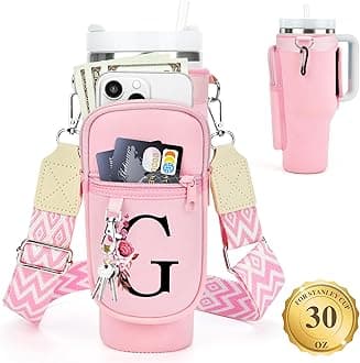 LOKASS Water Bottle Holder with Strap for Stanley Cup 30 oz Tumbler with Handle, Personalized Initial Stanley Cup Accessories, Christmas Gifts Water Bottle Carrier Bag for Women Men girls