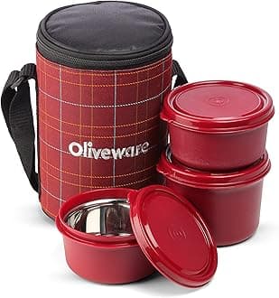- SOPL-OLIVEWARE Amber Lunch Box, Microwave Safe & Leak Proof, 3 Inside Steel Containers with BPA Free Lids (2 * 450ml & 600ml), Fabric Bag - Red