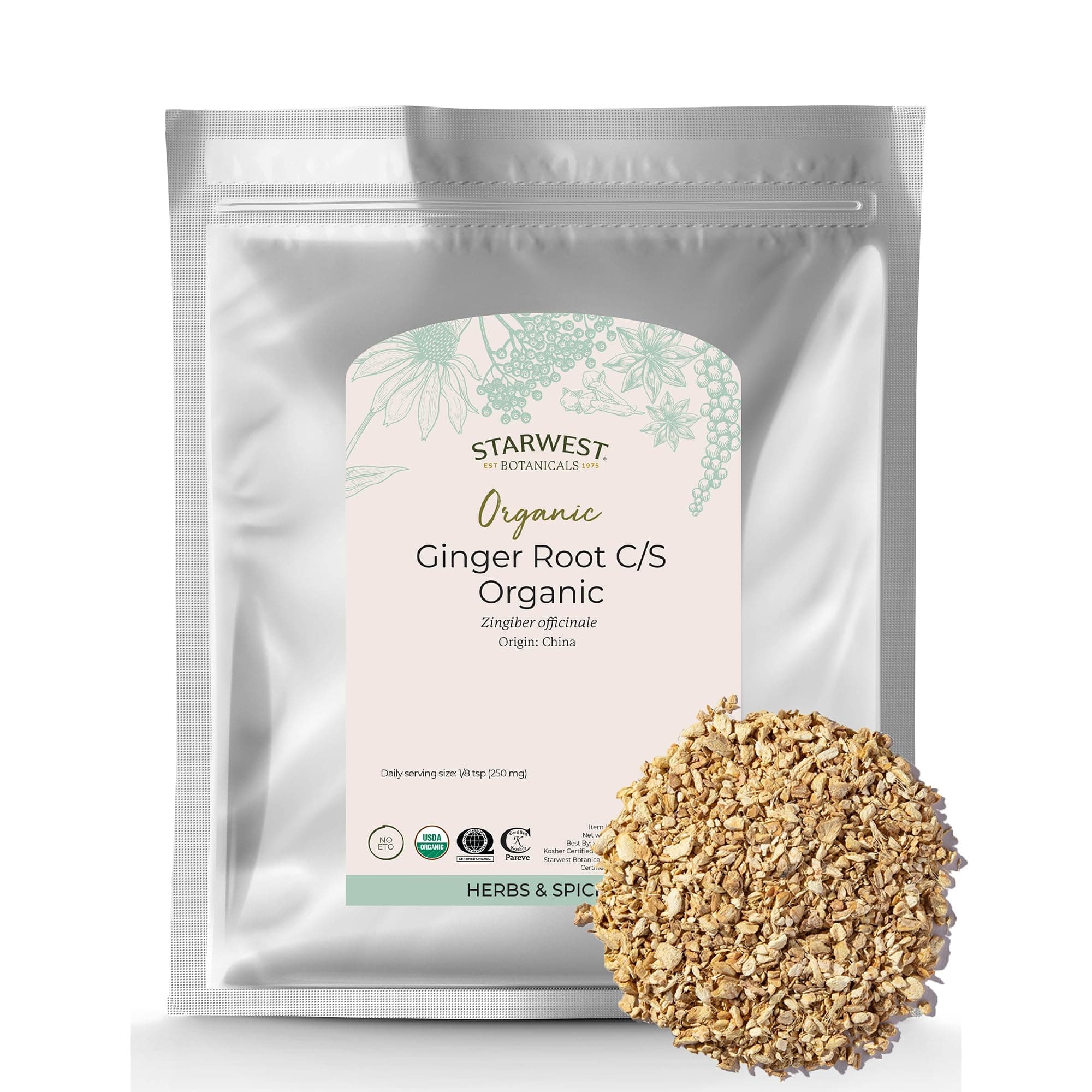 Starwest Botanicals Organic Ginger Root - Dried Ginger Herb for Tea, Baking, & Cooking, Cut and Sifted, Natural Herbal Spice, Certified Kosher, Non-GMO - Bulk 1 lb Bag