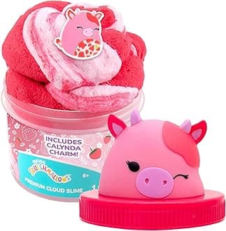 Original Squishmallows Calynda The Cow Premium Cloud Slime, Strawberry Scent, 8 oz. Jar Storage Container with Figurine Topper, Rubber Charm, Goodie Bags Stuffers, Kids Party Favors, Sensory Toys