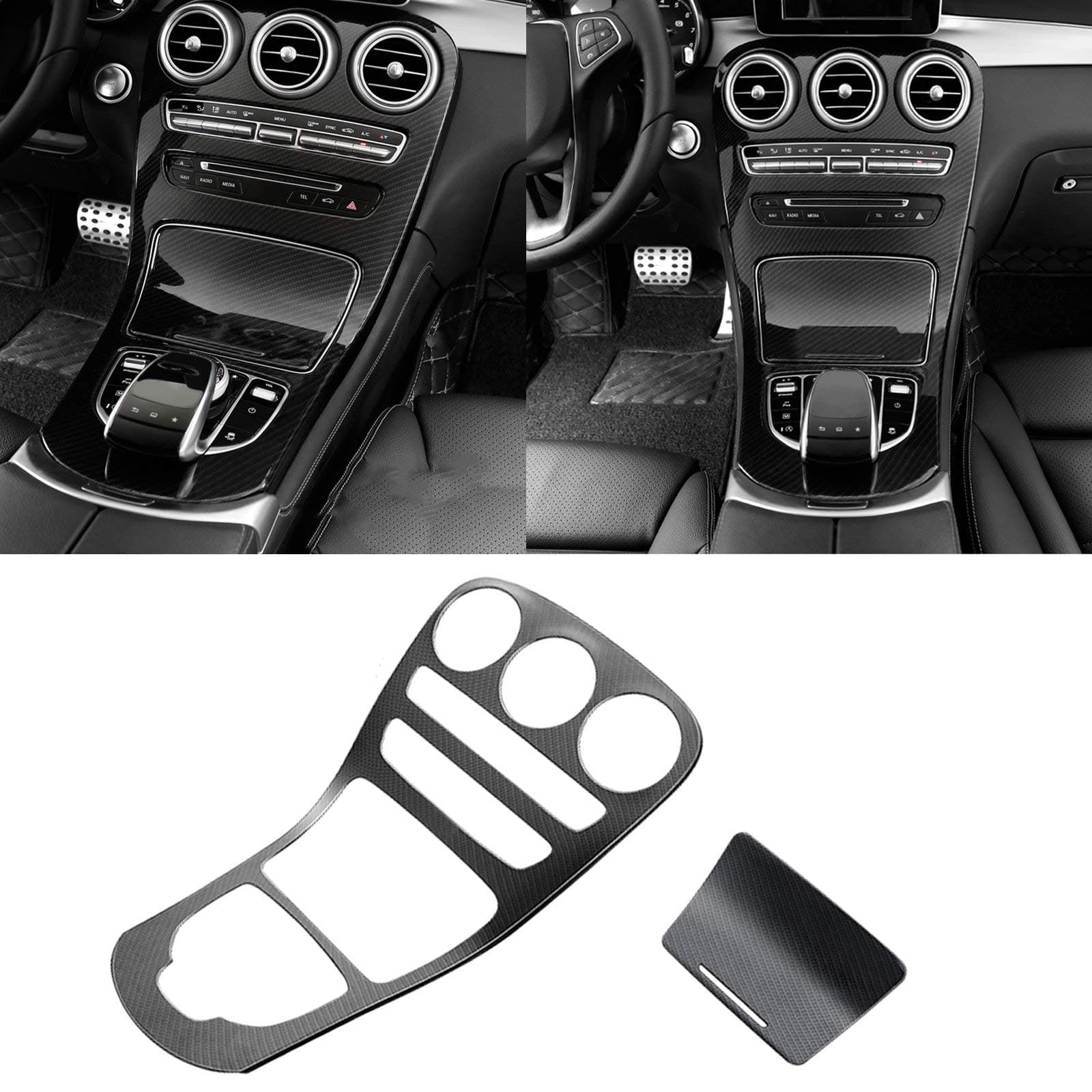 x xotic tech Center Console Gear Shift Panel Frame Cover Trim, Carbon Fiber Pattern, Compatible with Mercedes Benz C Class W205 2014-2018, GLC Class W253 2015-2018 (Without Clock)