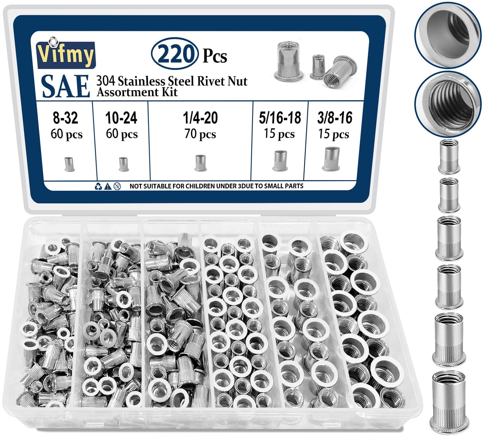 SAE Rivet Nut Assortment Kit(220 Pcs),#8-32#10-24 1/4"-20 5/16"-18 3/8"-16 304 Stainless Steel Flat Head Rivnut Set,Rivnut Threaded Insert Nut