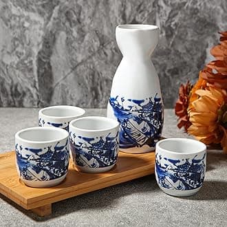 ABuff Japanese Sake Set, 1 Tokkuri Bottle & 4 Ochoko Cups with a Wooden Tray, Ceramic Sake Set Microwave and Dishwasher Safe