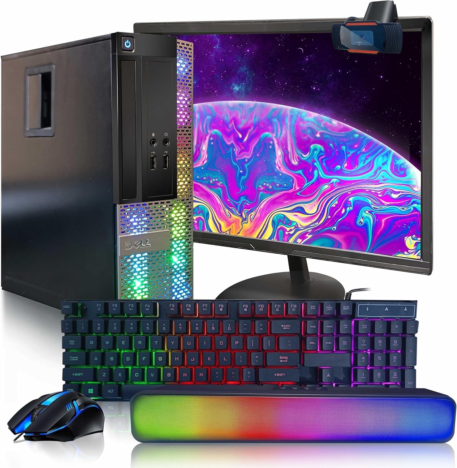 Dell OptiPlex RGB Desktop Computer PC, Intel Core i7 up to 3.8GHz, 16G RAM, 512G SSD, New 22 inch FHD LED Monitor, RGB Keyboard & Mouse, RGB BT Sound Bar, Webcam, WiFi, BT 5.0, Win 11 Pro (Renewed)