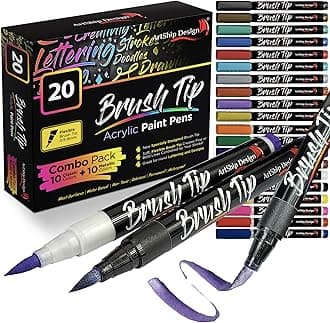 20 Brush Tip Acrylic Paint Pens, Classic and Metallic Colour Double Pack, Flexible Tip Brush Paint Markers for Writing and Creative Painting, Rocks, Cups, Ceramic, Glass, Most Surfaces - Water Based