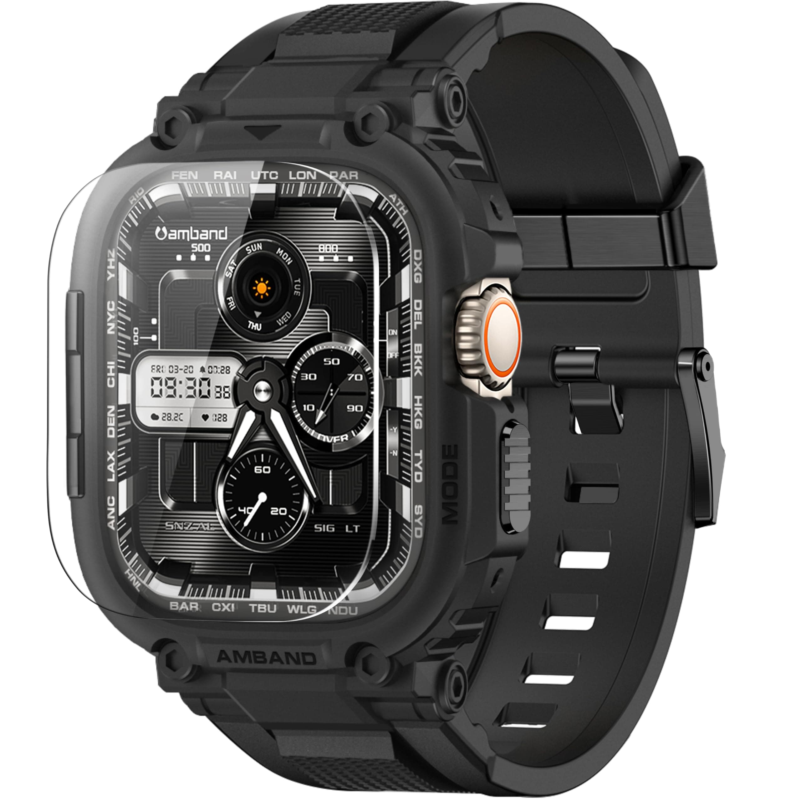 amBand Bands Case Screen Protector Compatible with Apple Watch Ultra 3/2/1 49mm for Men, M1 Sport Series Rugged Cover Strap and 9H Tempered Glass, Military Protective Bumper for iWatch 49 mm Men Black