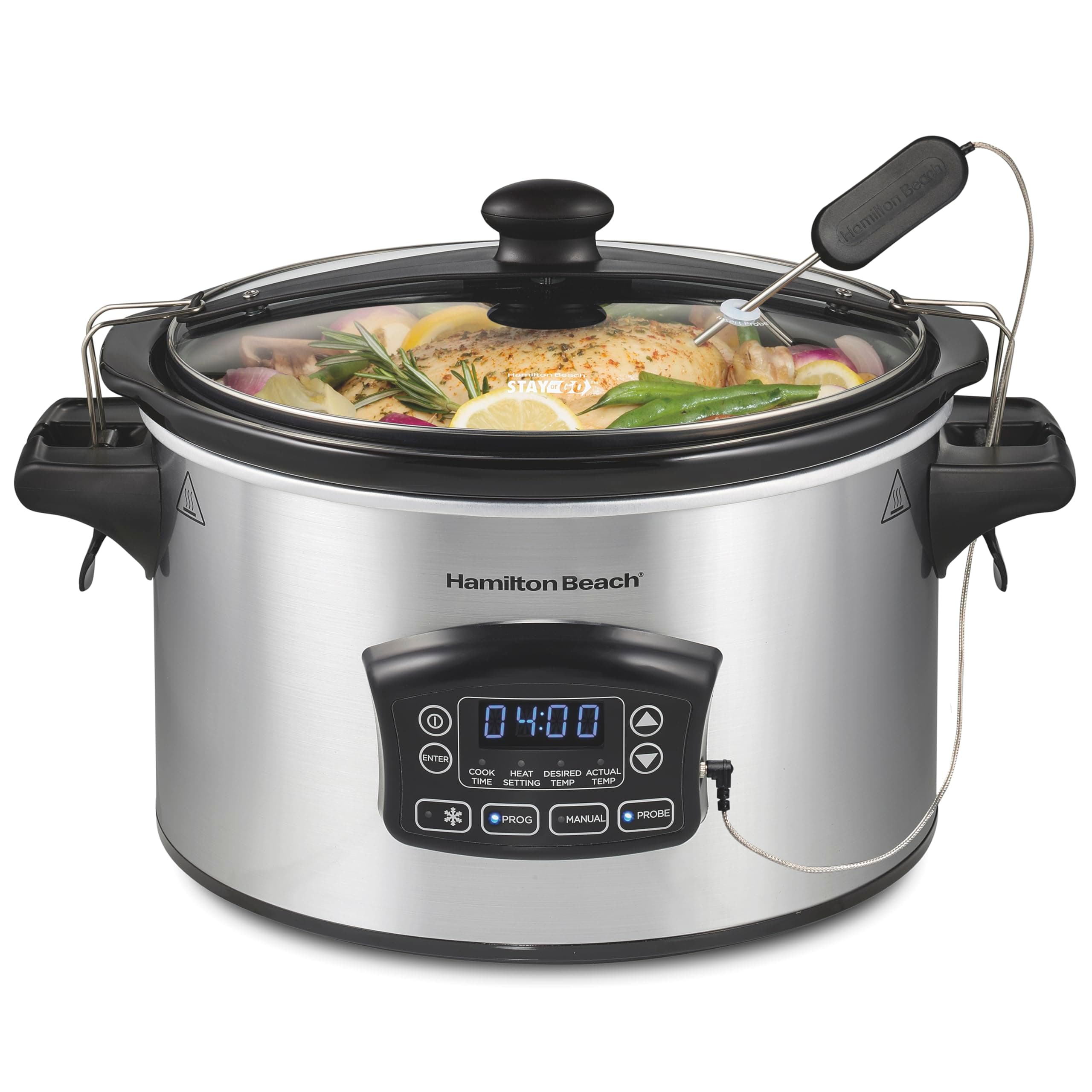 Hamilton Beach Portable 6 Quart Set & Forget Digital Programmable Slow Cooker with Lid Lock, Temperature Probe & Defrost Setting, Dishwasher Safe Crock & Lid, Silver (33869)