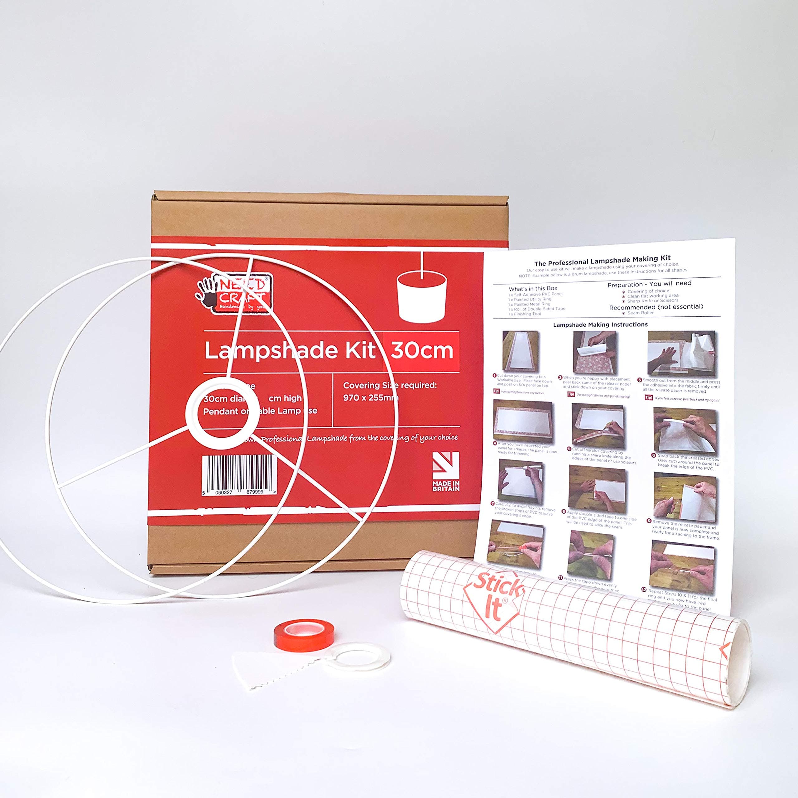 30cm Lampshade Making Kit use with Pendant Ceiling Lights and Table and Floor Lamp, Drum Circle Shape Needcraft UK DIY use with Fabric, Textile, Wallpaper of Choice.