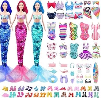 28 Pcs Doll Clothes Accessories Set, 11.5 Inch Doll Swimwear Beach Outfit Includ Bikini Swimsuits Sequin Mermaid Dress Swimming Ring Fashion Glasses Surf Skateboard Shoes Accessories(Random Style)