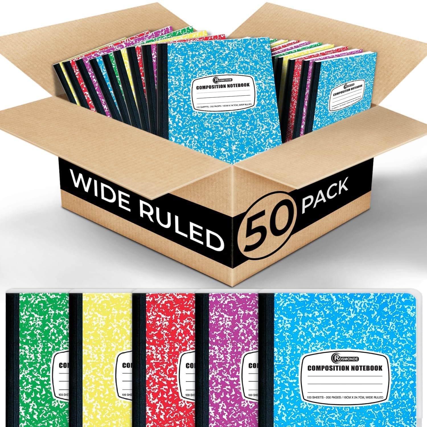 Rosmonde 50 Pack Bulk Composition Notebook Wide Ruled, 200 Pages (100 Sheets), 9-3/4 x 7-1/2", Hard Cover, Assorted Colors, Bulk School Supplies, Bulk Marble Composition Notebook For School & Office