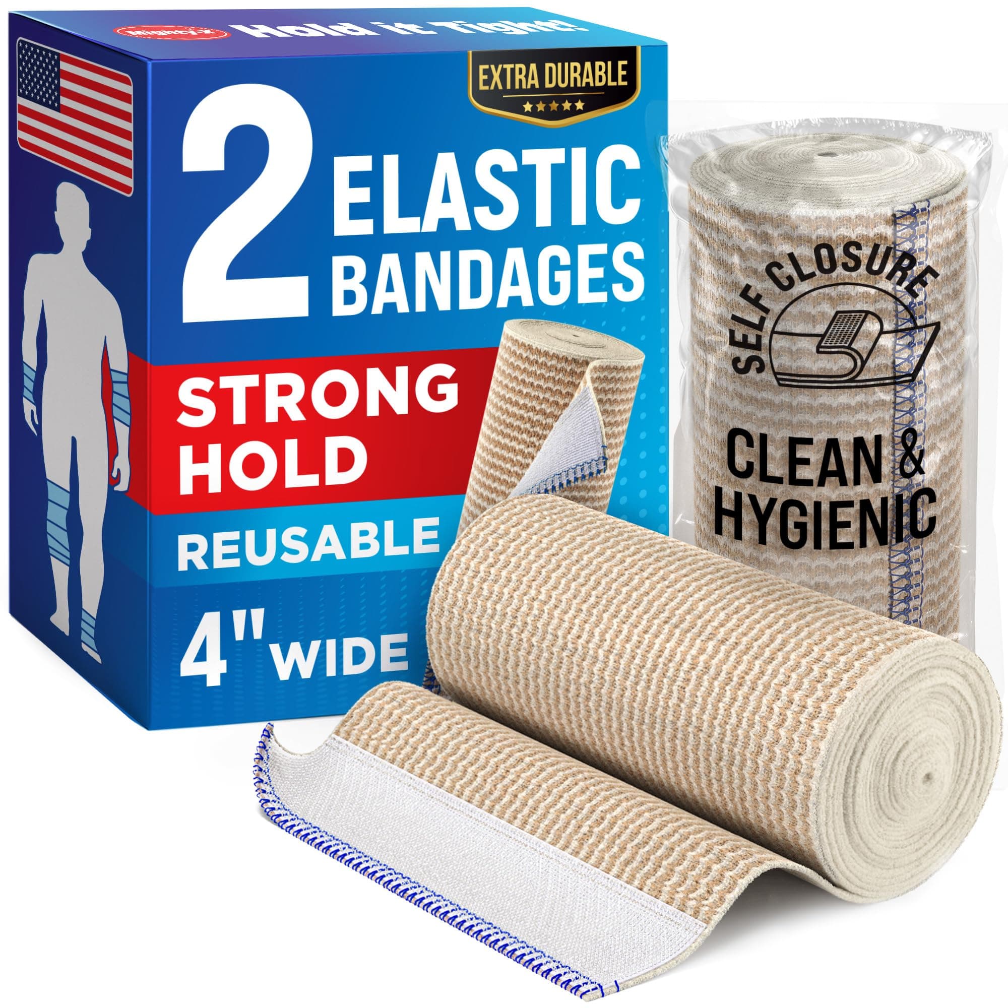 High-Performance Elastic Bandage Wrap - 4” (2pk) - Self-Closing Strong Compression Reusable Bandage Wrap for Leg, Ankles, Wrists, and Knees - for First Aid Kit and After Surgery Recovery - Latex Free