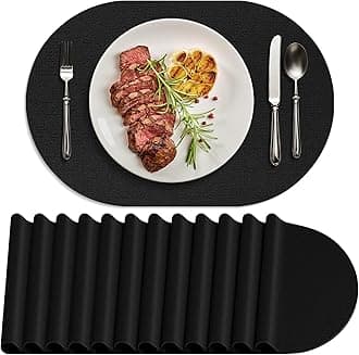 Placemats Set of 12 Washable, Heat Resistant Table Placemats Wipeable Faux Leather Oval Place Mats Non Slip, Waterproof Oval Table Mats for Indoor Outdoor, Black