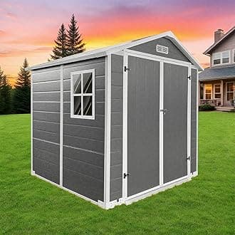 6x6 FT Outdoor Storage Shed with Floor, Plastic Garden Tool Shed with Windows, Vents & Lockable Door, Easy to Assemble Resin Bike Shed for Patio, Backyard, Lawn, Grey