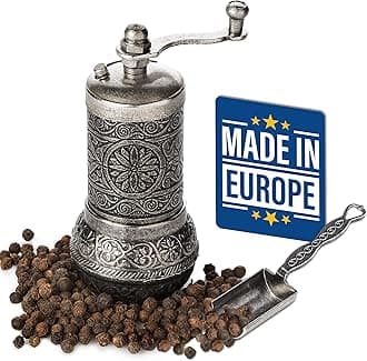 Decorative Black Pepper Grinder, Refillable Turkish Spice Mill with Adjustable Coarseness, Manual Pepper Mill with Handle, Spice Grinder Metal with Hand Crank, Dark Silver
