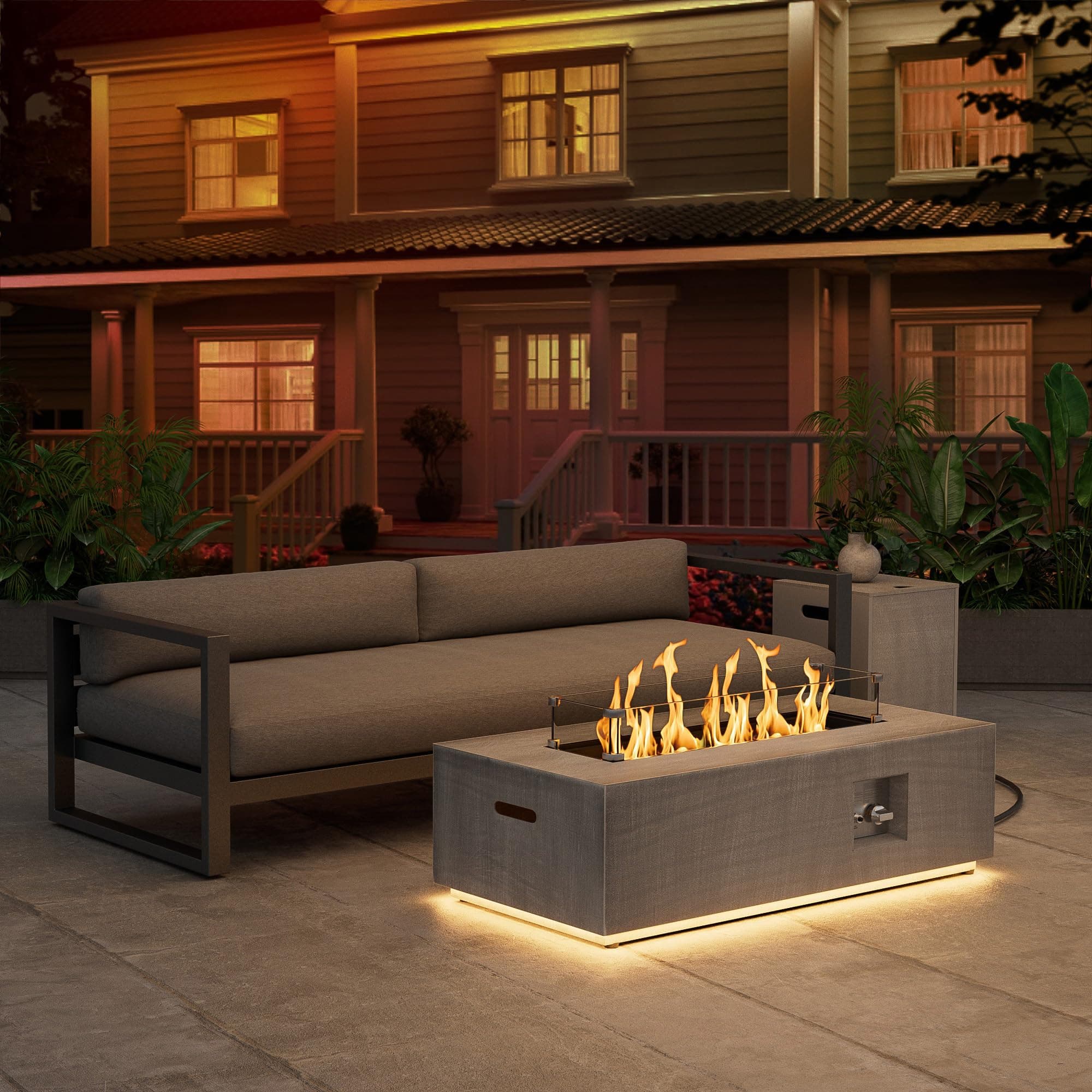 42" Propane Fire Pit Table with LED Light 50,000 BTU Outdoor Fireplace Table Includes Wind Guard, Lid, Rocks & Cover - Gas Firepit Table, Chimenea para Patio (Light Grey/Golden Light, 42" LED)