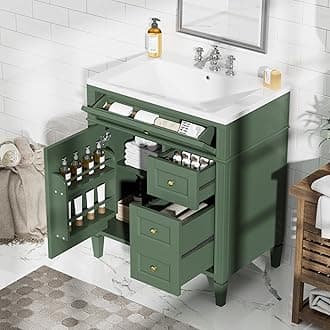 Linique 30" Bathroom Vanity with Sink Combo Set, Solid Wood Frame Bathroom Storage Cabinet with 2 Drawers and a Tip-Out Drawer, Soft Closing Cabinet Door with Organizer, Green