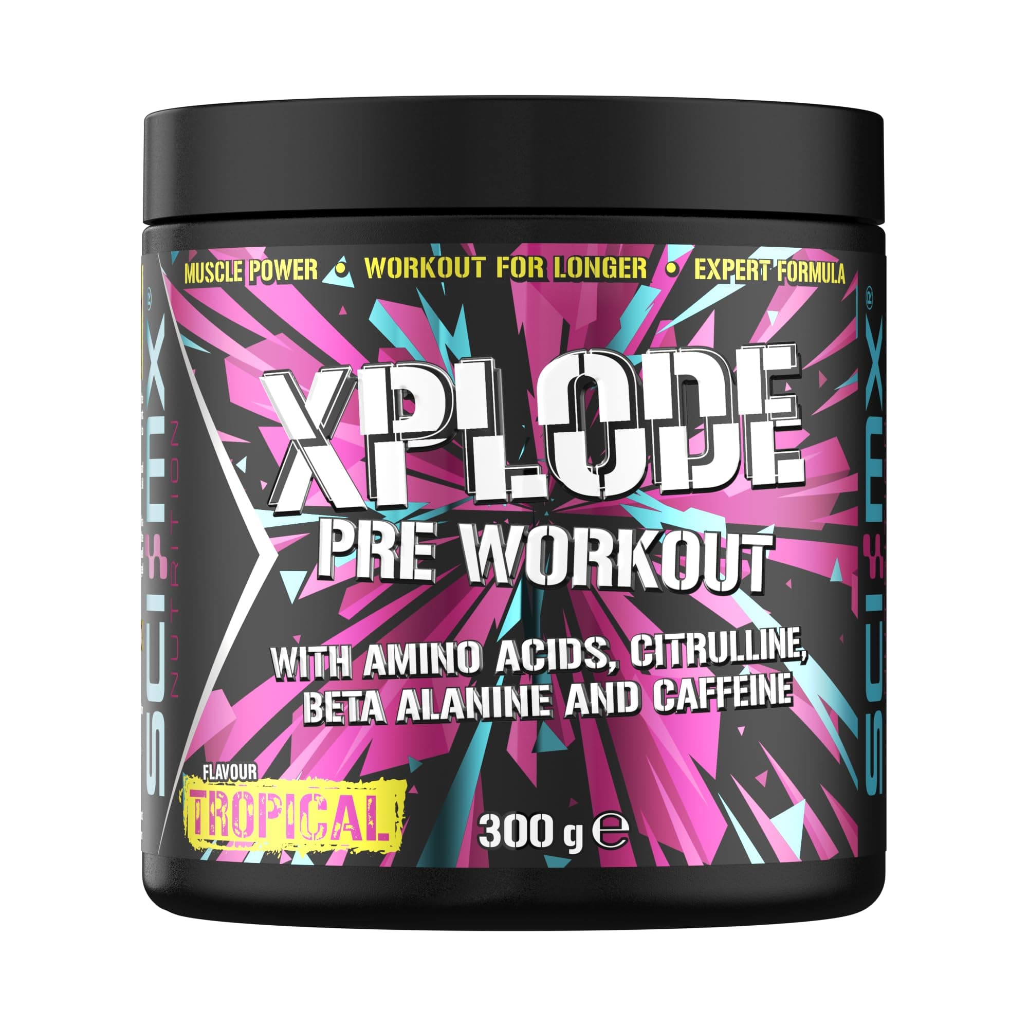 – SCI-MX - X-PLODE Pre-Workout - 300g - Tropical Flavour - 250mg Caffeine, 6g Citrulline Malate, 3.2g Beta Alanine / serving - Suitable for Vegetarians + Vegans